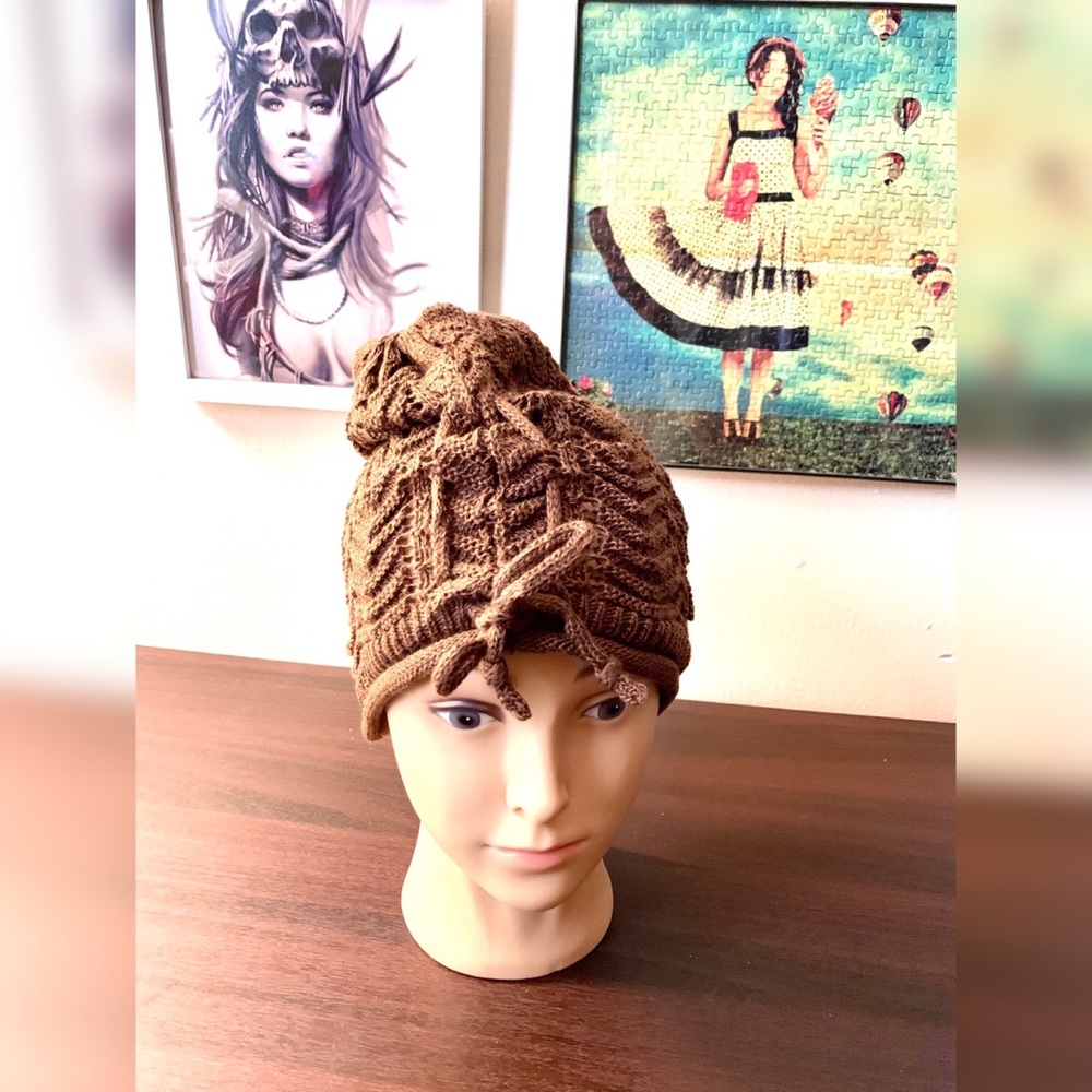 Brown Winter Beanie With Adjustable Strings/Bowtie